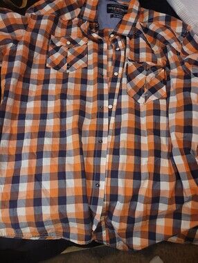 Ecko Unlimited Men's Orange Navy and White Plaid Button-Down Shirt Size XLarge